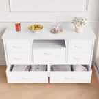Meuble TV en tissu à 8 tiroirs GustoWave – Console multimédia robuste avec cadre en métal et plateau en bois pour salon, entrée, chambre ou chambre d'amis