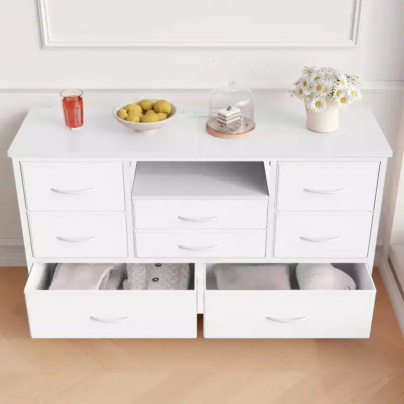 Meuble TV en tissu à 8 tiroirs GustoWave – Console multimédia robuste avec cadre en métal et plateau en bois pour salon, entrée, chambre ou chambre d'amis