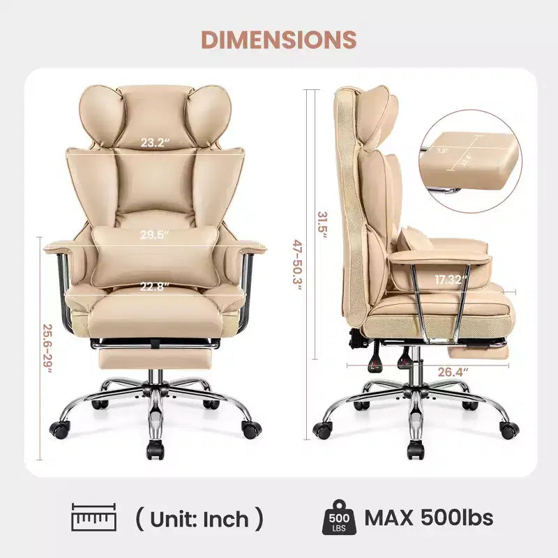 Chaise de bureau ERDOM, fauteuil de direction grand format avec repose-pieds, support dorsal ergonomique inclinable et haut