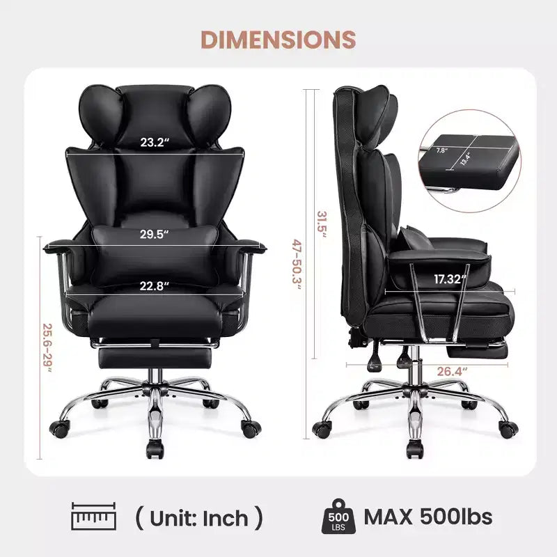 Chaise de bureau ERDOM, fauteuil de direction grand format avec repose-pieds, support dorsal ergonomique inclinable et haut