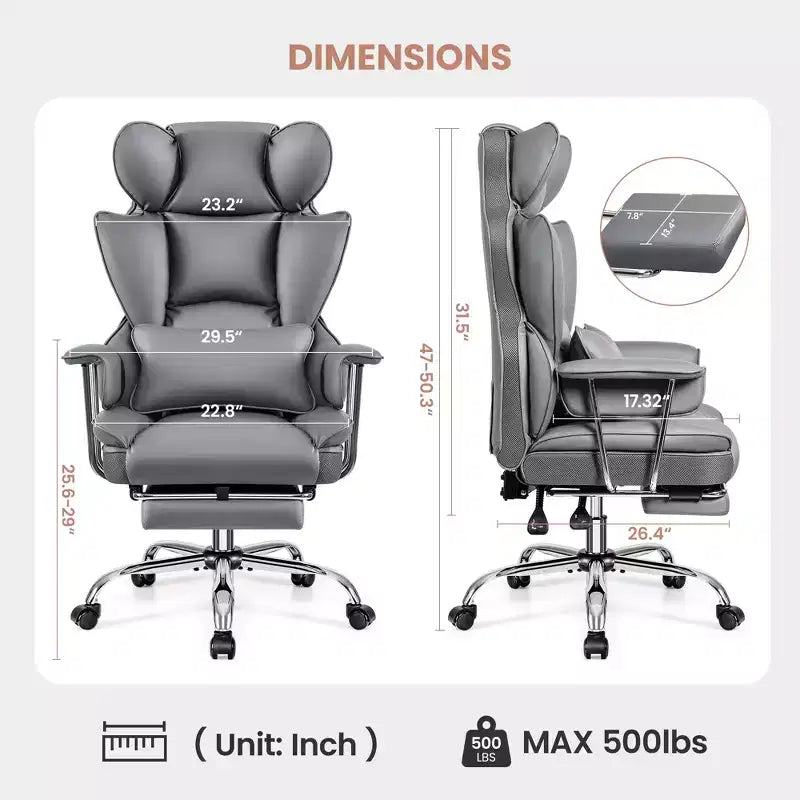 Chaise de bureau ERDOM, fauteuil de direction grand format avec repose-pieds, support dorsal ergonomique inclinable et haut