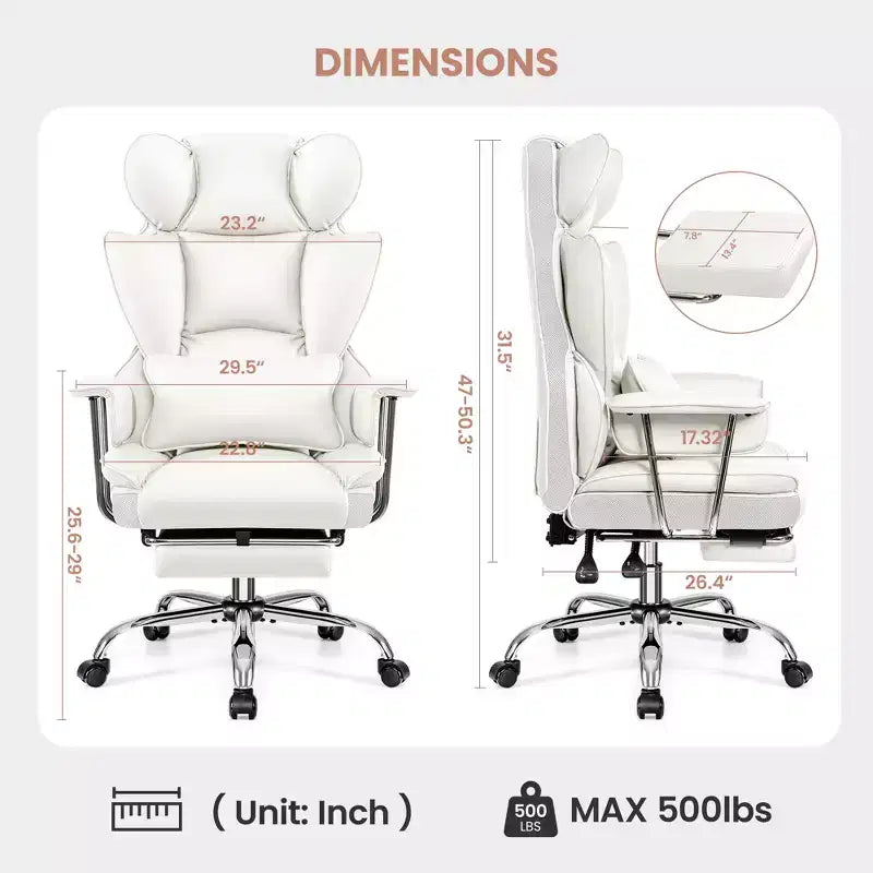 Chaise de bureau ERDOM, fauteuil de direction grand format avec repose-pieds, support dorsal ergonomique inclinable et haut