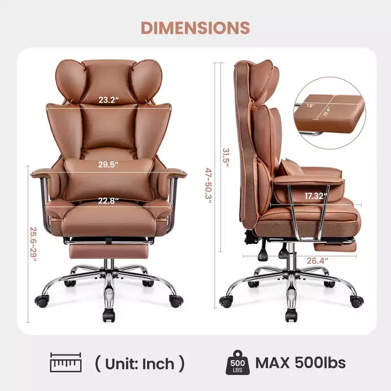 Chaise de bureau ERDOM, fauteuil de direction grand format avec repose-pieds, support dorsal ergonomique inclinable et haut