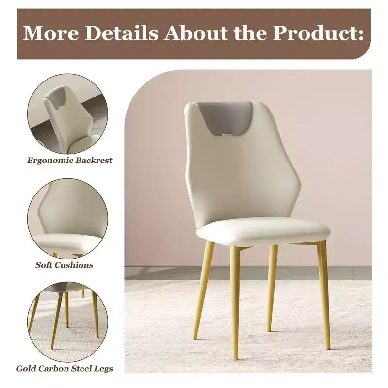 Homy Casa Lot de 2 chaises de salle à manger en cuir PU, chaises ergonomiques avec pieds en métal doré, beige