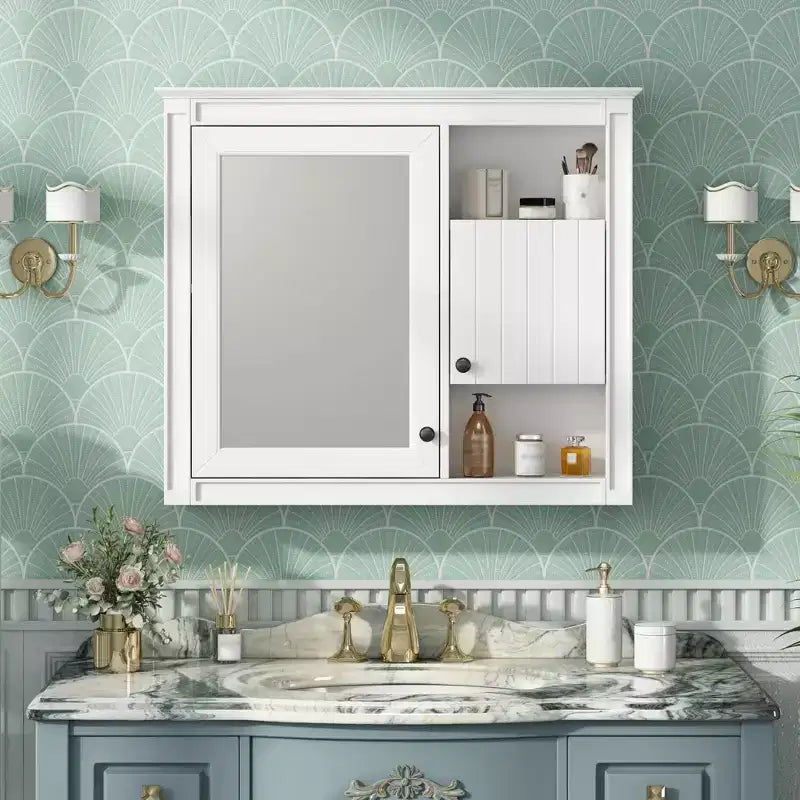 MAYEERTY 32 Armoire de salle de bain murale avec miroir, armoire à pharmacie murale avec 3 étagères pour salle de bain, blanche