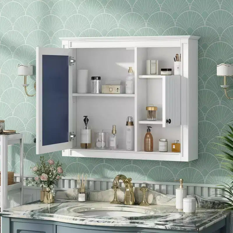 MAYEERTY 32 Armoire de salle de bain murale avec miroir, armoire à pharmacie murale avec 3 étagères pour salle de bain, blanche