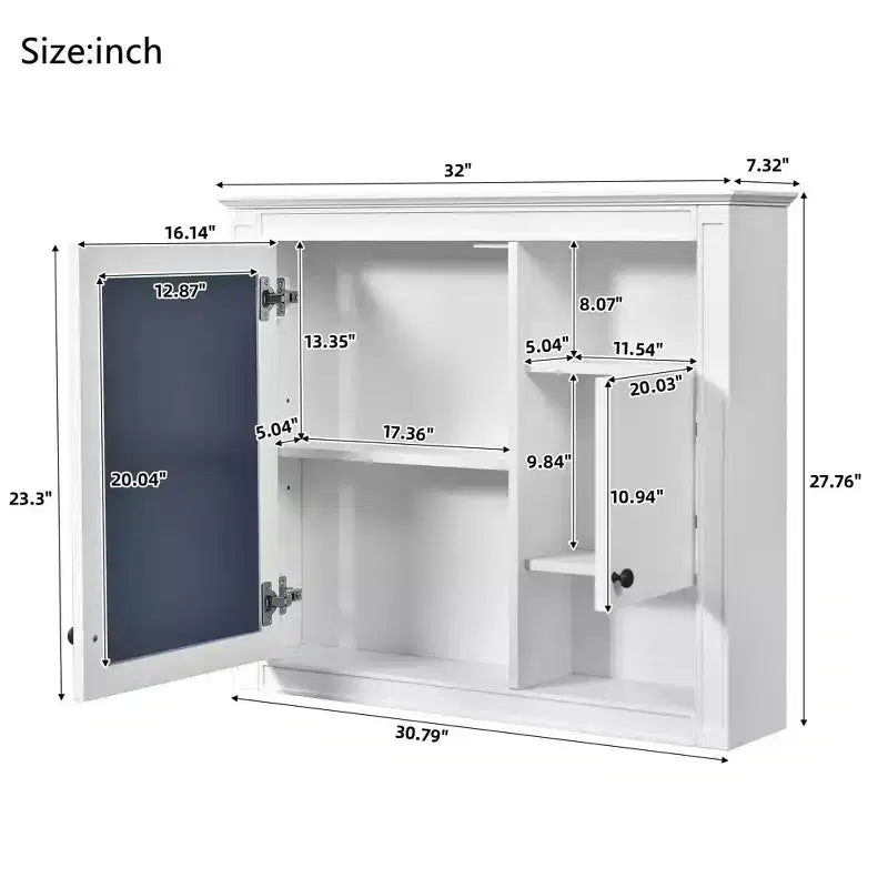 MAYEERTY 32 Armoire de salle de bain murale avec miroir, armoire à pharmacie murale avec 3 étagères pour salle de bain, blanche