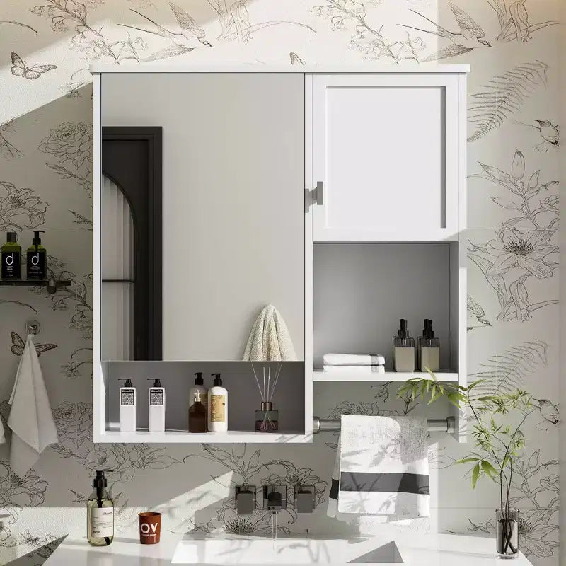 MAYEERTY 27.84 Meuble de salle de bain mural moderne, Armoire de rangement murale de salle de bain avec miroir et porte-serviettes Blanc