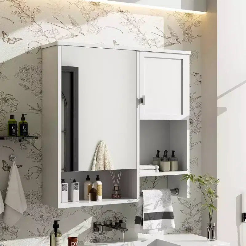 MAYEERTY 27.84 Meuble de salle de bain mural moderne, Armoire de rangement murale de salle de bain avec miroir et porte-serviettes Blanc