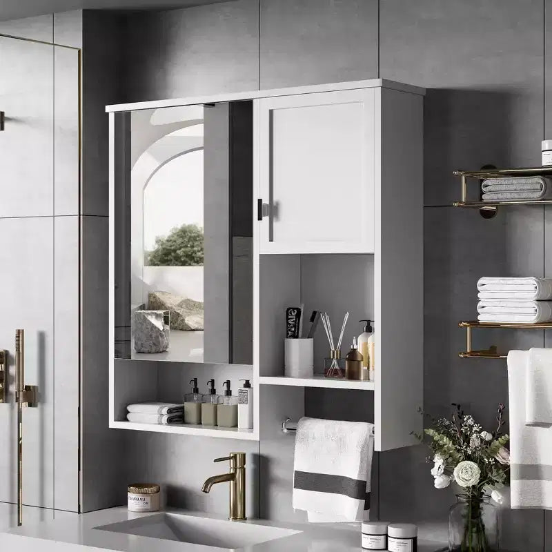 MAYEERTY 27.84 Meuble de salle de bain mural moderne, Armoire de rangement murale de salle de bain avec miroir et porte-serviettes Blanc