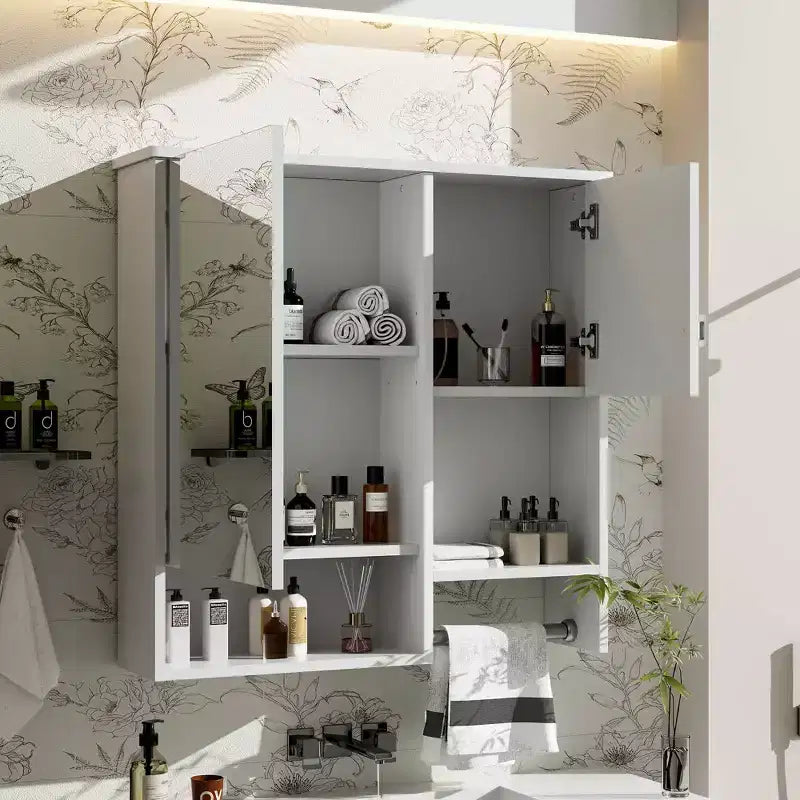 MAYEERTY 27.84 Meuble de salle de bain mural moderne, Armoire de rangement murale de salle de bain avec miroir et porte-serviettes Blanc