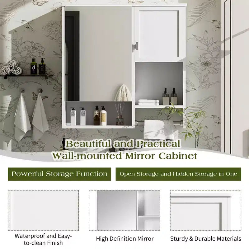 MAYEERTY 27.84 Meuble de salle de bain mural moderne, Armoire de rangement murale de salle de bain avec miroir et porte-serviettes Blanc