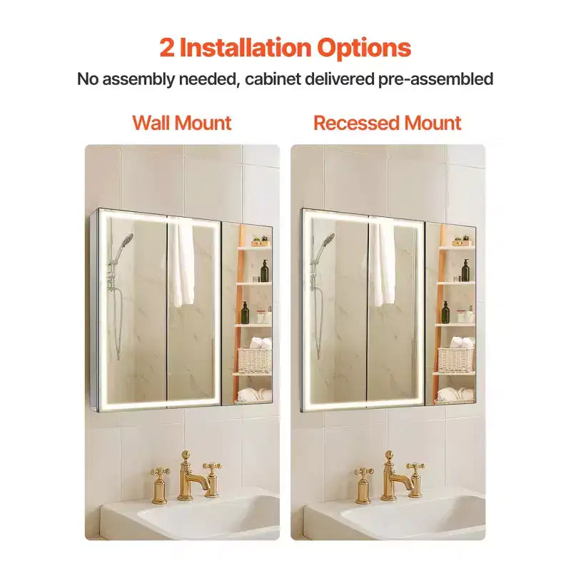 Armoire de toilette éclairée VEVOR avec miroir, 30 x 28 pouces, encastrée ou murale, armoire de toilette LED à 3 couleurs à intensité variable, blanche