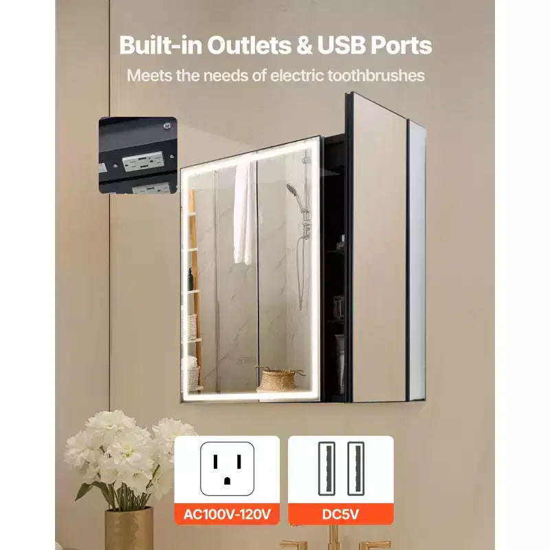 Armoire de toilette éclairée VEVOR avec miroir, 30 x 28 pouces, encastrée ou murale, armoire de toilette LED à 3 couleurs à intensité variable, blanche