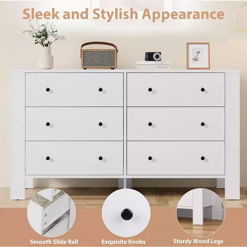 Commode large moderne à 6 tiroirs | Meuble de rangement en bois pour Chambre, Entrée, Couloir et Bureau à domicile | Meuble multifonctionnel