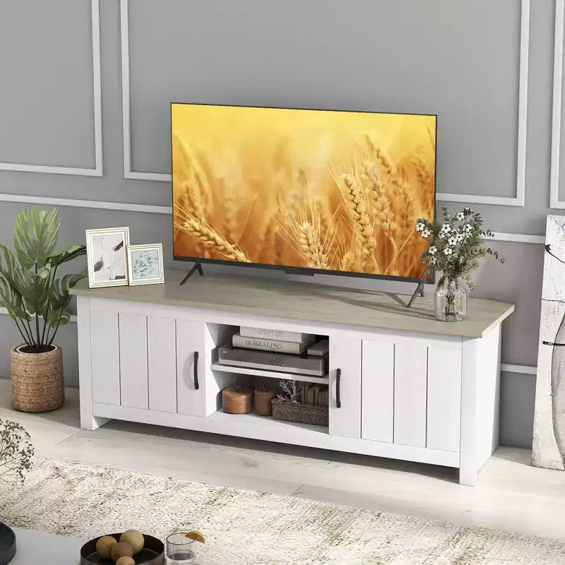 Meuble TV de ferme Costway pour téléviseurs jusqu'à 65 po Meuble console multimédia avec portes et casiers