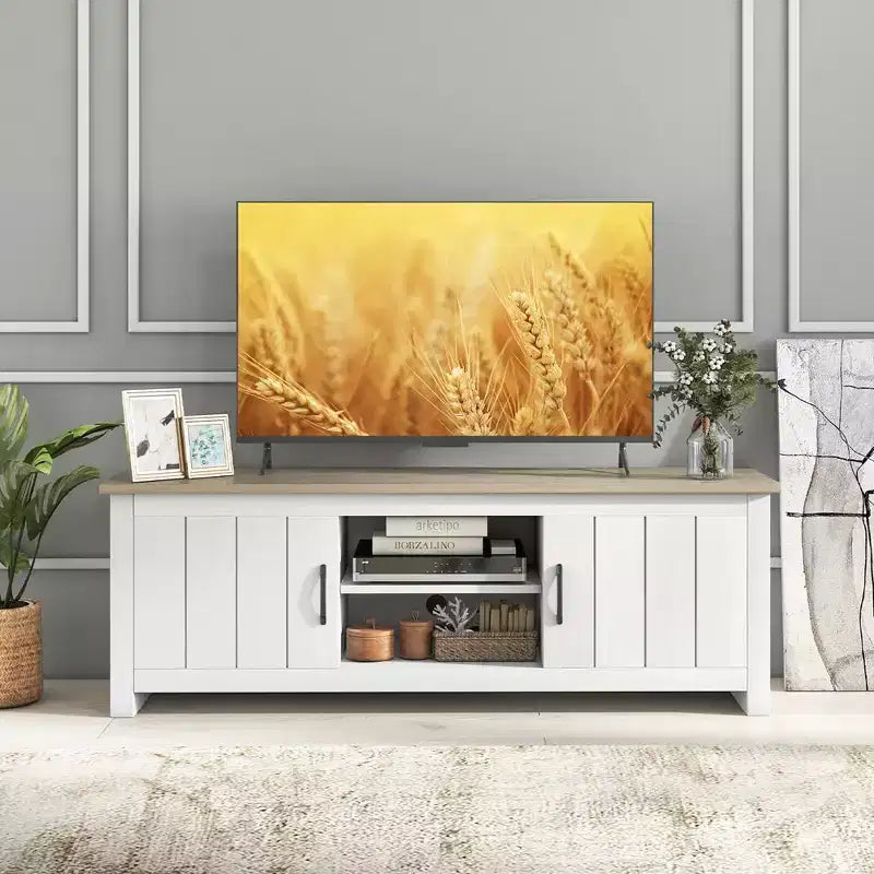 Meuble TV de ferme Costway pour téléviseurs jusqu'à 65 po Meuble console multimédia avec portes et casiers