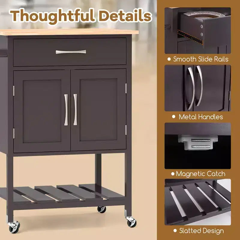 Chariot d'îlot de cuisine roulant Costway avec tiroir, armoire de rangement à 2 portes, plateau inférieur