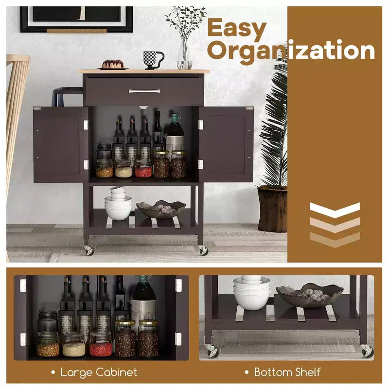 Chariot d'îlot de cuisine roulant Costway avec tiroir, armoire de rangement à 2 portes, plateau inférieur