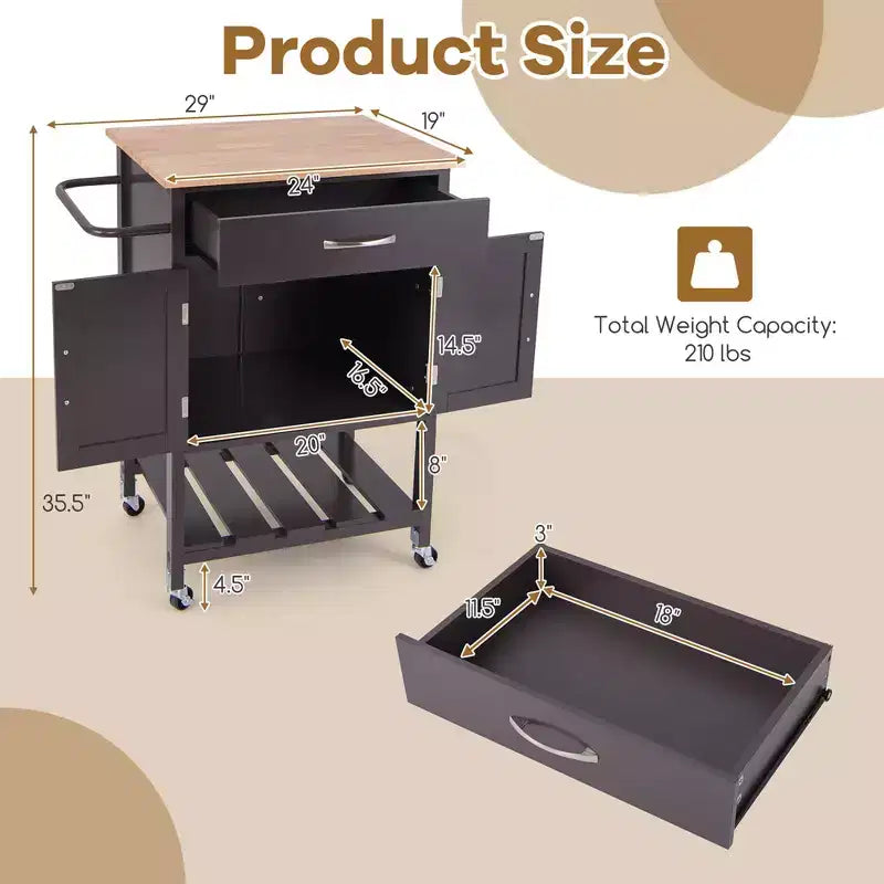 Chariot d'îlot de cuisine roulant Costway avec tiroir, armoire de rangement à 2 portes, plateau inférieur