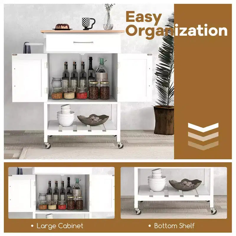 Chariot d'îlot de cuisine roulant Costway avec tiroir, armoire de rangement à 2 portes, plateau inférieur