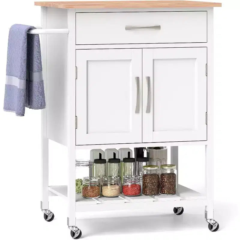 Chariot d'îlot de cuisine roulant Costway avec tiroir, armoire de rangement à 2 portes, plateau inférieur