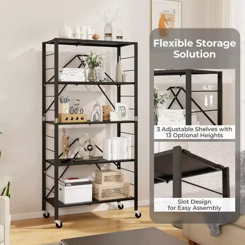 Étagère de rangement pliable à 5 niveaux Costway avec roues, étagères réglables, unité de rayonnage en métal