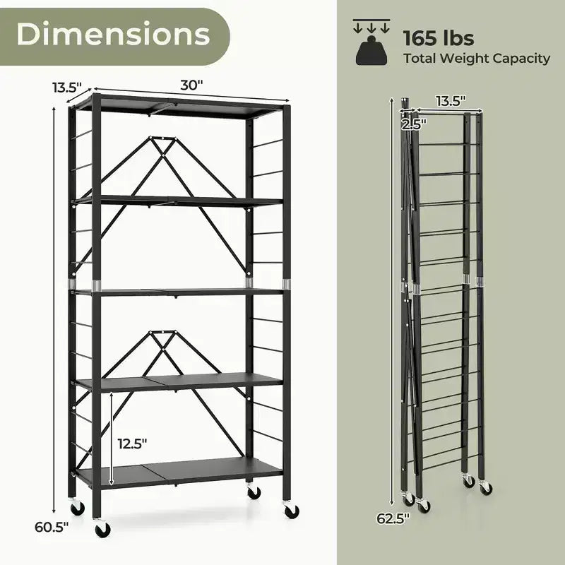 Étagère de rangement pliable à 5 niveaux Costway avec roues, étagères réglables, unité de rayonnage en métal