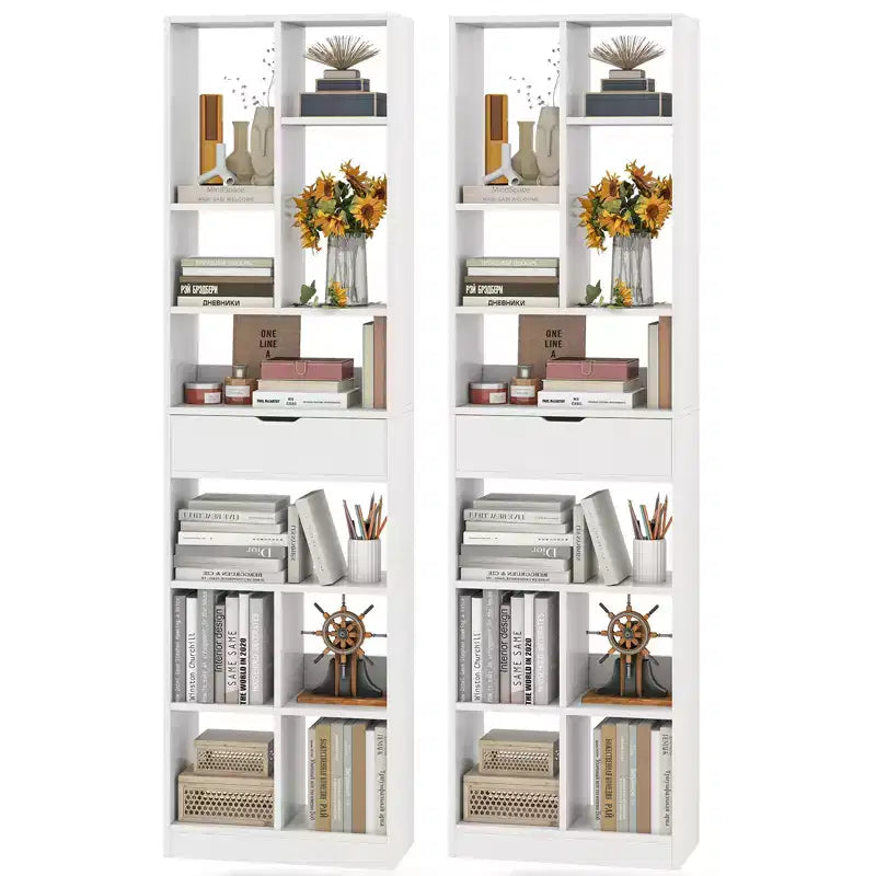 Costway 2PCS 71 Tall Bookcase w/ Drawer Modern Bookshelf w/ 10 Open Cubes Display Rack