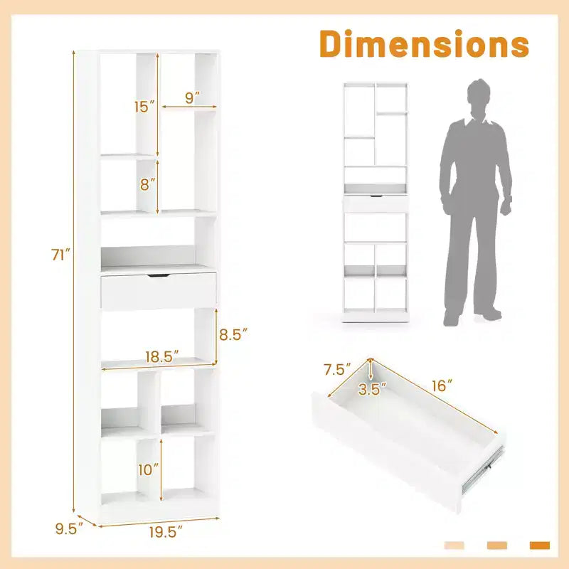Costway Lot de 2 bibliothèques de 180 cm avec tiroir, étagère moderne avec 10 compartiments ouverts