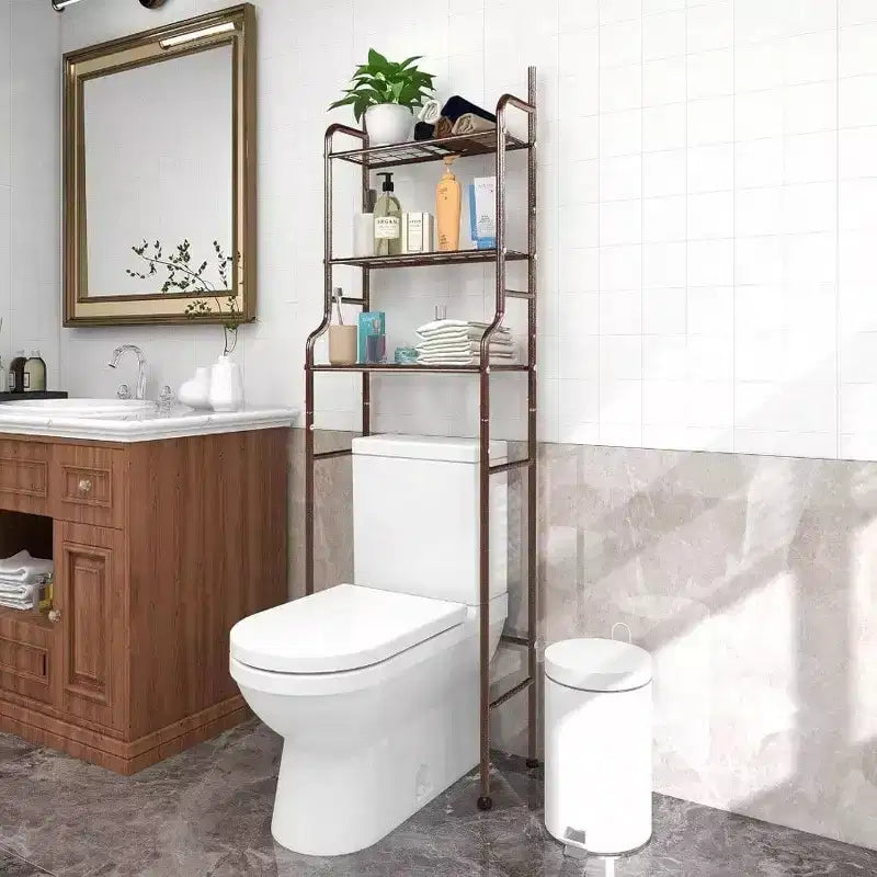 3 - Organisateur de salle de bain à étagères au-dessus des toilettes, support d'angle marron, étagère de rangement pour petites salles de bain