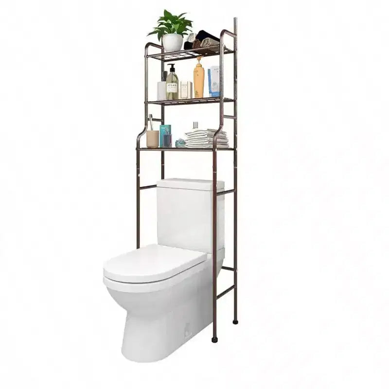 3 - Organisateur de salle de bain à étagères au-dessus des toilettes, support d'angle marron, étagère de rangement pour petites salles de bain