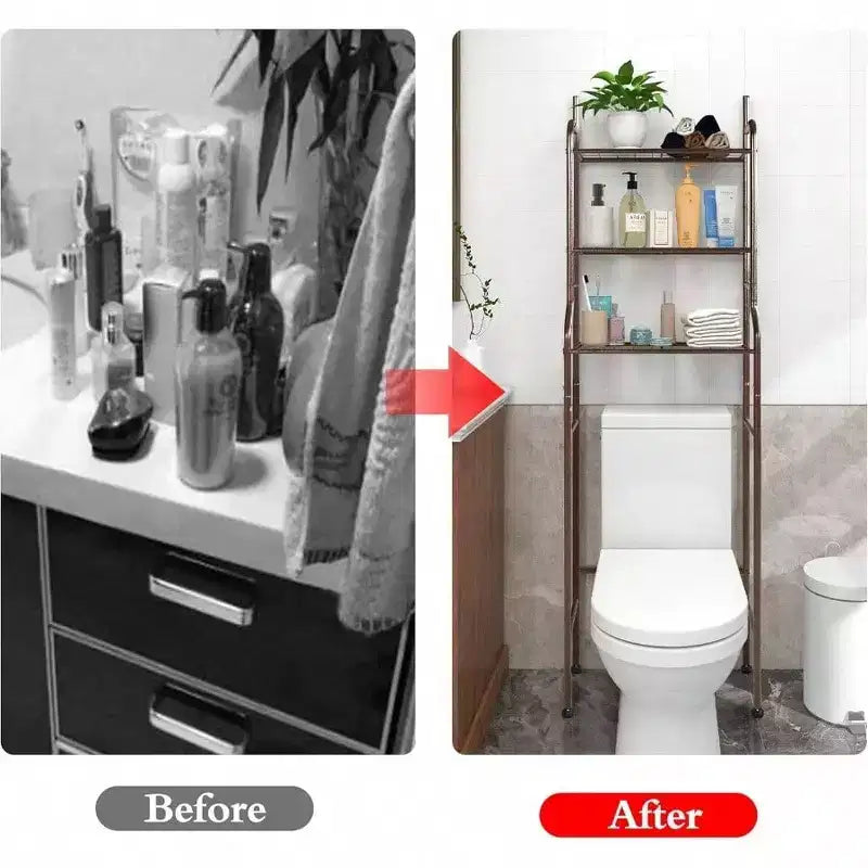 3 - Organisateur de salle de bain à étagères au-dessus des toilettes, support d'angle marron, étagère de rangement pour petites salles de bain
