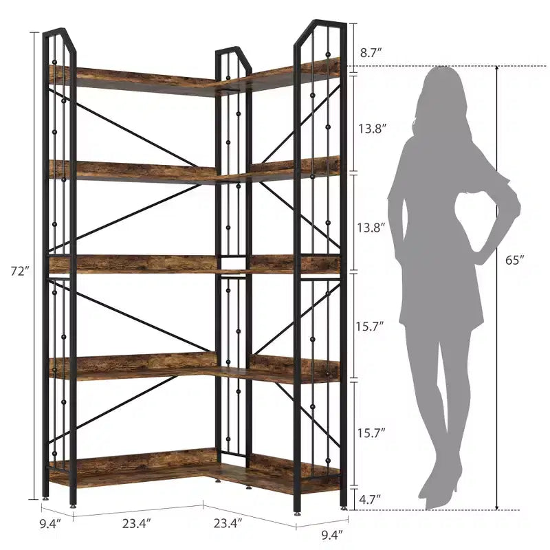 Étagère d'Angle Industrielle Garvee, Bibliothèque d'Angle en Forme de L à 5 ou 7 Niveaux avec Design Perlé et Pieds Réglables