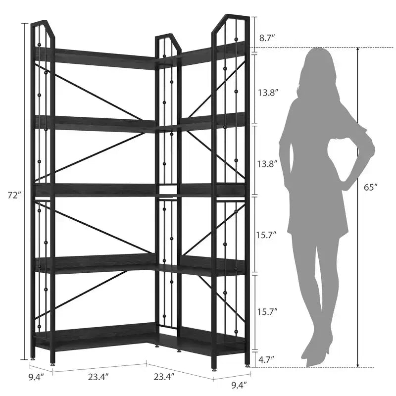 Étagère d'Angle Industrielle Garvee, Bibliothèque d'Angle en Forme de L à 5 ou 7 Niveaux avec Design Perlé et Pieds Réglables