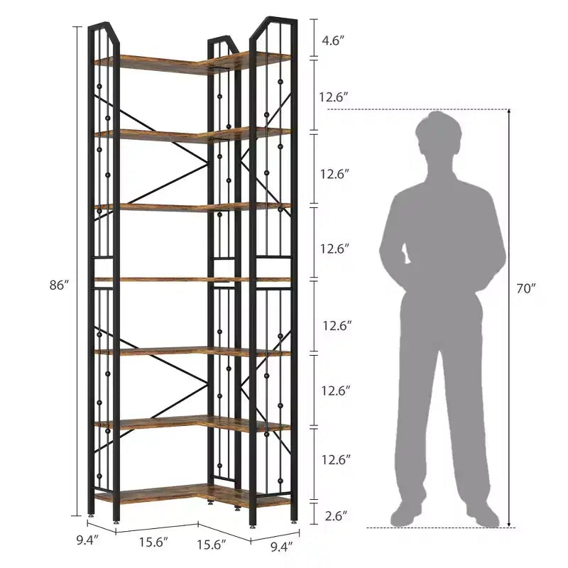 Étagère d'Angle Industrielle Garvee, Bibliothèque d'Angle en Forme de L à 5 ou 7 Niveaux avec Design Perlé et Pieds Réglables