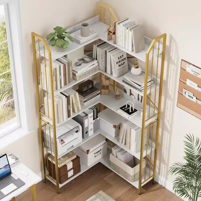 Étagère d'Angle Industrielle Garvee, Bibliothèque d'Angle en Forme de L à 5 ou 7 Niveaux avec Design Perlé et Pieds Réglables