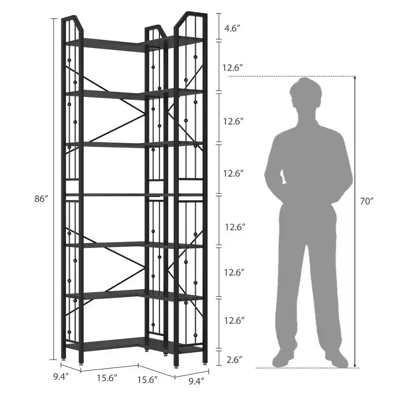 Étagère d'Angle Industrielle Garvee, Bibliothèque d'Angle en Forme de L à 5 ou 7 Niveaux avec Design Perlé et Pieds Réglables