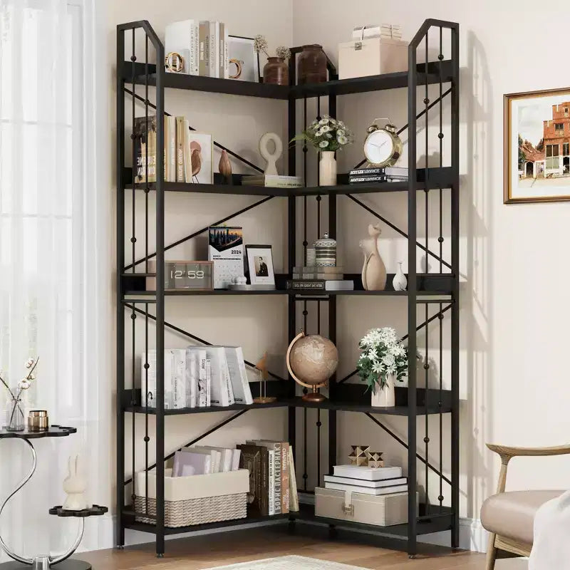 Garvee Corner Bookshelf Industrial Corner Bookcase, l Shaped Bookshelf 5 Tier/7 Tier Corner Shelf with Beaded Design and Adjustable Feet