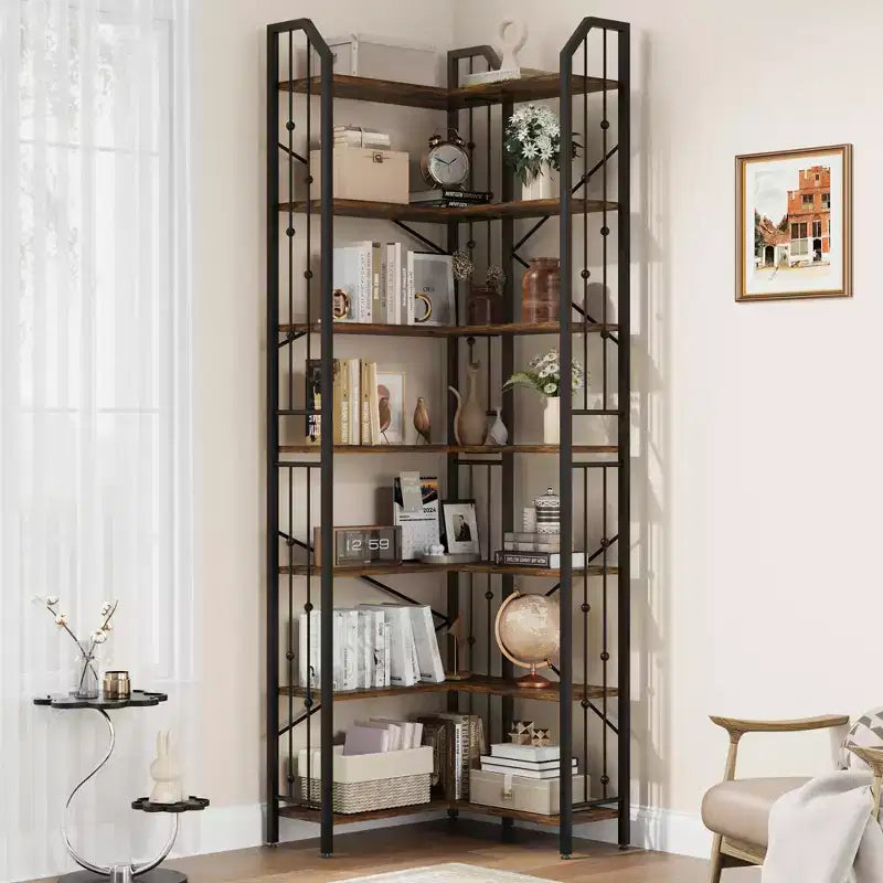 Étagère d'Angle Industrielle Garvee, Bibliothèque d'Angle en Forme de L à 5 ou 7 Niveaux avec Design Perlé et Pieds Réglables