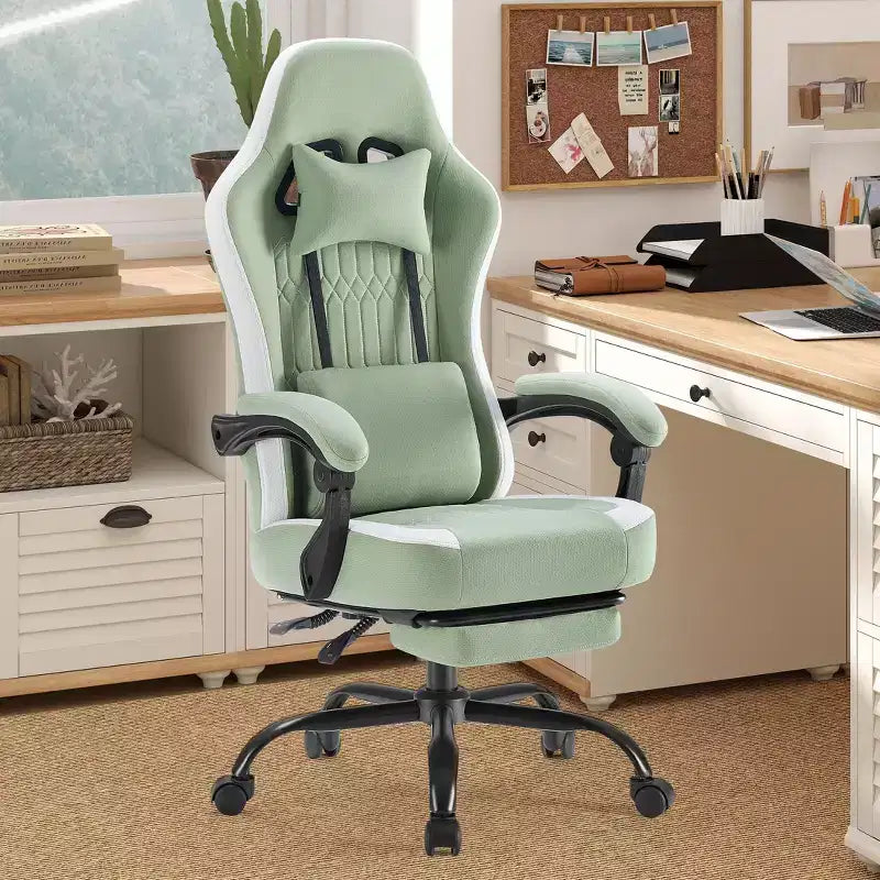 TUYOHW Fauteuil de bureau en microfibre pivotant à roulettes, avec appui-tête et coussin lombaire amovibles, chaise de jeu pour bureau