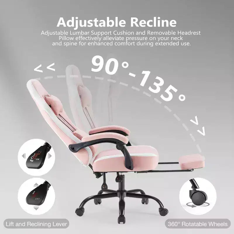TUYOHW Fauteuil de bureau en microfibre pivotant à roulettes, avec appui-tête et coussin lombaire amovibles, chaise de jeu pour bureau