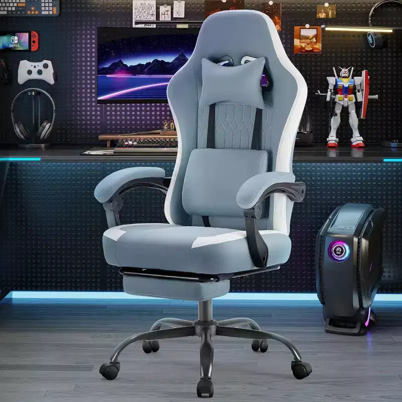 TUYOHW Fauteuil de bureau en microfibre pivotant à roulettes, avec appui-tête et coussin lombaire amovibles, chaise de jeu pour bureau