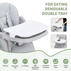 Chaise haute pliable pour bébés et tout-petits, chaise haute en cuir PU avec dossier réglable, hauteur d'assise, plateau amovible, harnais de sécurité 5 points et roues verrouillables