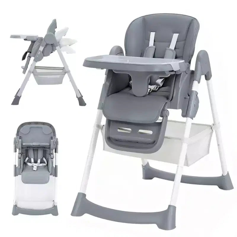 Chaise haute pliable pour bébés et tout-petits, chaise haute en cuir PU avec dossier réglable, hauteur d'assise, plateau amovible, harnais de sécurité 5 points et roues verrouillables