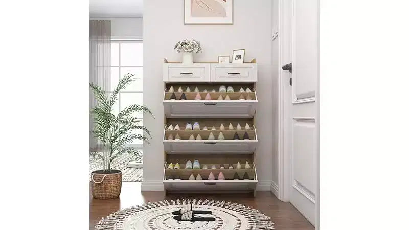 Meuble à chaussures avec 3 tiroirs basculants, 2 tiroirs de rangement, organisateur de chaussures autoportant moderne pour couloir, chambre à coucher, entrée, rangement blanc