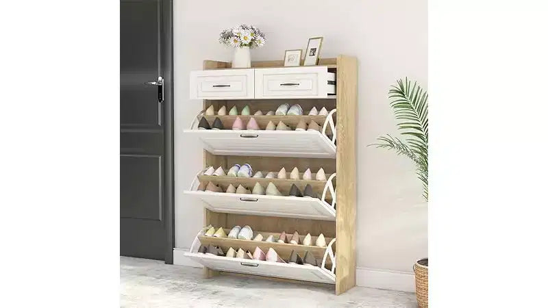 Meuble à chaussures avec 3 tiroirs basculants, 2 tiroirs de rangement, organisateur de chaussures autoportant moderne pour couloir, chambre à coucher, entrée, rangement blanc