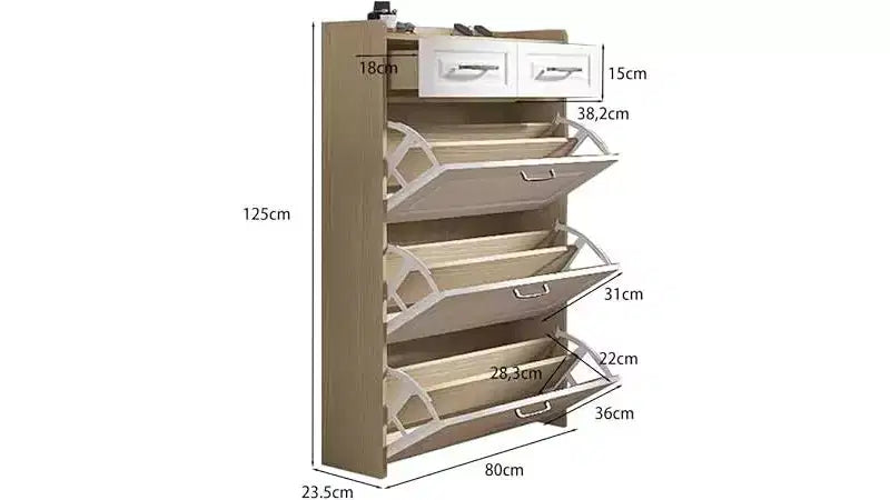 Meuble à chaussures avec 3 tiroirs basculants, 2 tiroirs de rangement, organisateur de chaussures autoportant moderne pour couloir, chambre à coucher, entrée, rangement blanc
