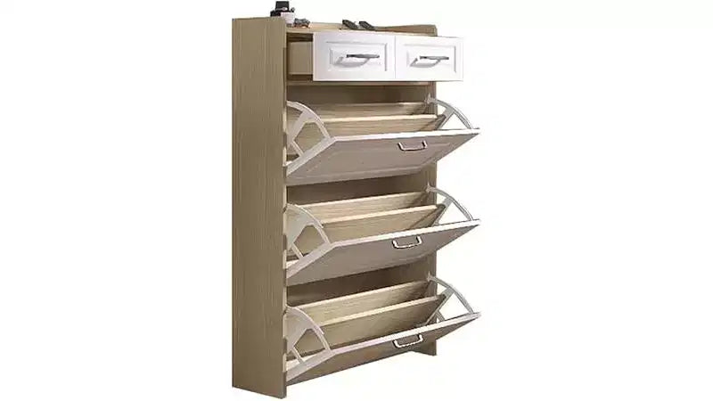 Meuble à chaussures avec 3 tiroirs basculants, 2 tiroirs de rangement, organisateur de chaussures autoportant moderne pour couloir, chambre à coucher, entrée, rangement blanc