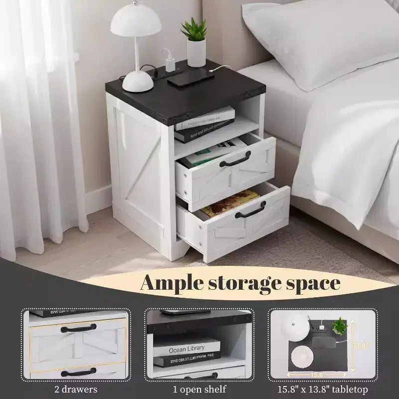 Table de chevet de ferme avec station de recharge, table d'appoint rustique à 2 tiroirs avec ports USB et prises, table de chevet industrielle en bois, blanche